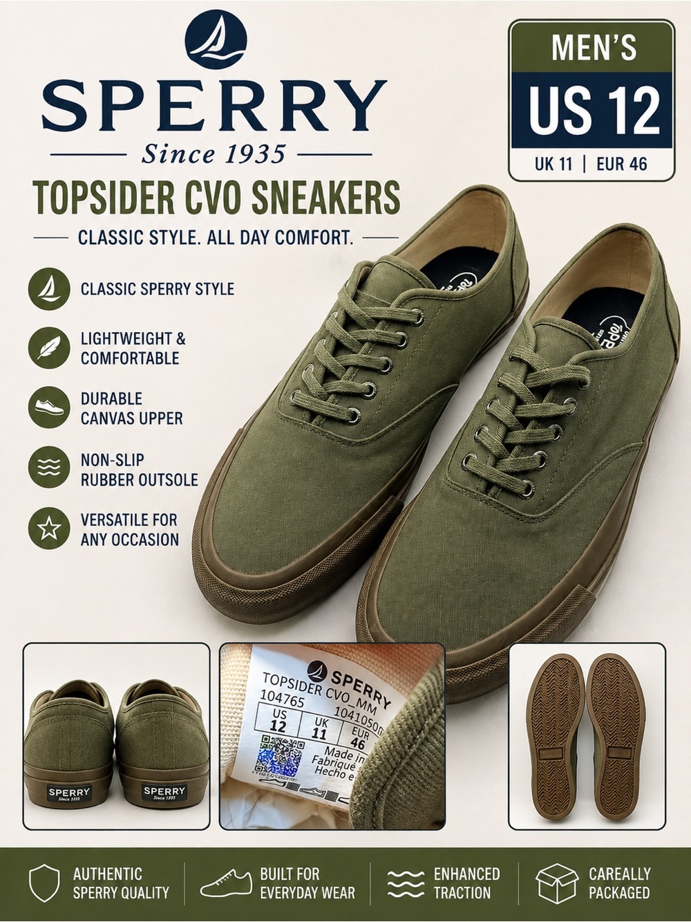 Sperry Topsider CVO Men’s Sneakers Size 12 Olive Green Canvas Gum Sole 104765